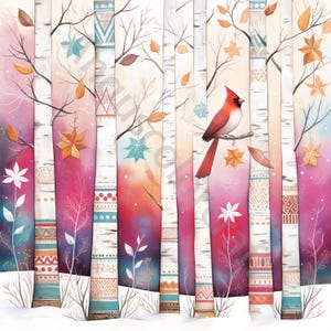 10 bouleaux avec clipart cardinal, aquarelle JPG, journal indésirable, scrapbooking, fabrication de cartes, téléchargement numérique, fantaisie, oiseaux fantaisistes