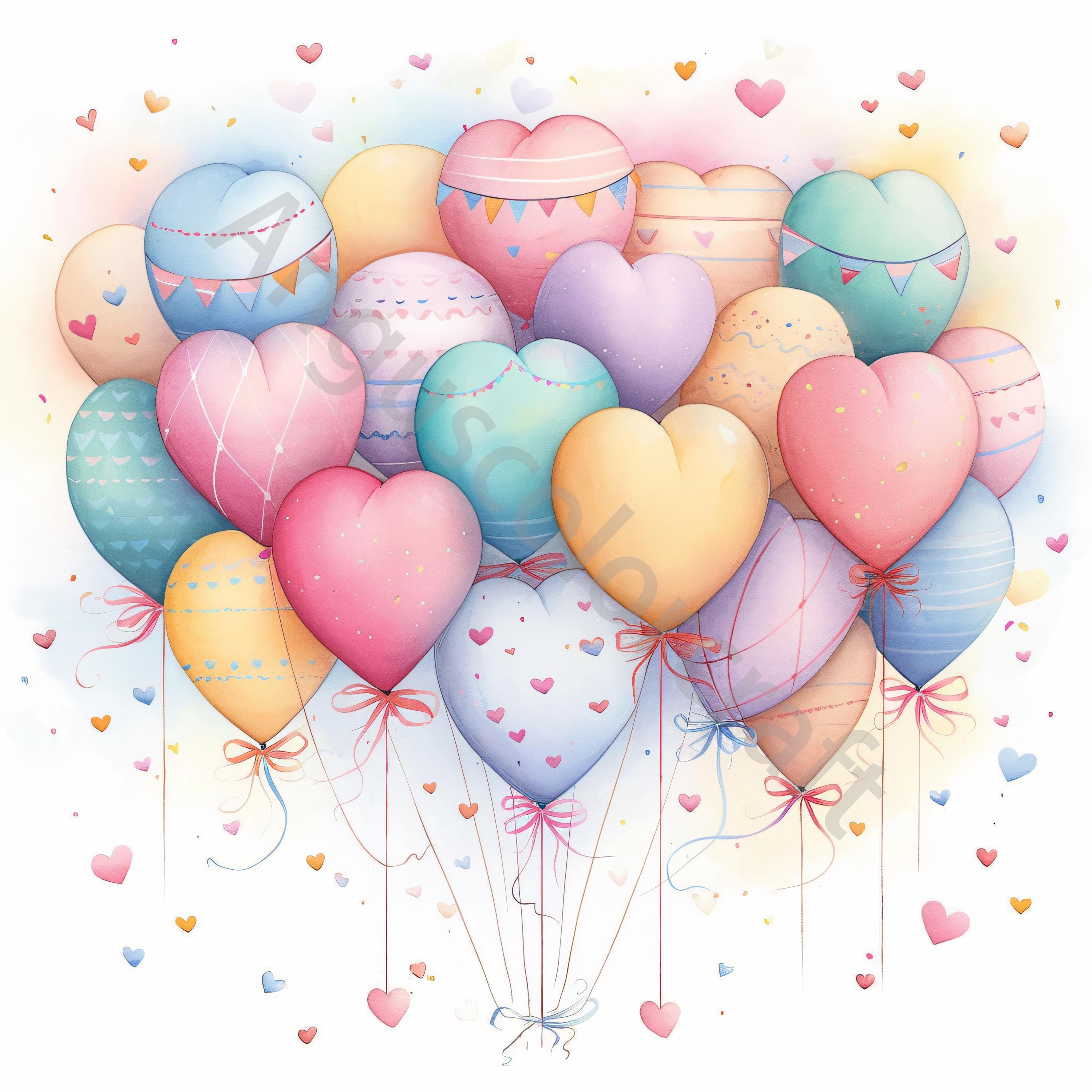10 Heart Balloons Clip Art, Watercolor JPG, Junk Journaling, Scrapbook ...