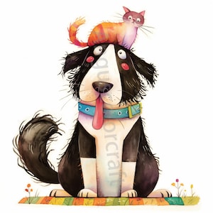 Quirky Pals Clip Art 10 High Res Watercolor JPGs Junk Journaling, Scrapbooking, Card Making, Digital Download Kit, Fantasy Whimsical dog cat