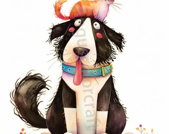 Quirky Pals Clip Art 10 high-res aquarel JPGs Junk Journaling, scrapbooking, kaarten maken, digitale downloadkit, fantasie grillige hond kat