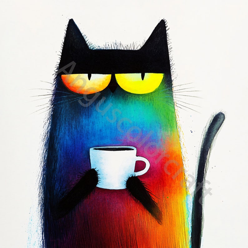 Op de afbeelding: Een zwarte kat met regenboogvacht houdt een witte koffiemok vast. De kat heeft gele ogen en een serieuze uitdrukking.