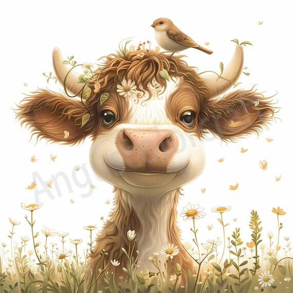 18 Cute Cow Clipart Sublimation Design Wildflowers Cow Shirt Design Cute Cow Clipart Cow With Bird Tshirt Design Cow with Glasses JPG File