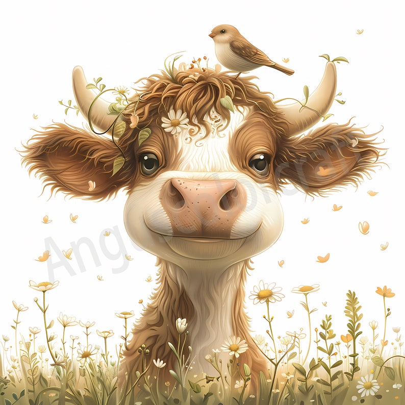 May include: A brown and white cow with a friendly expression, wearing a flower crown and a small bird perched on its head. The cow is standing in a field of white daisies.