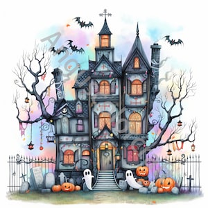 10 Whimsical Haunted House Clip Art, Watercolor Clipart JPG, Junk Journal, Scrapbook, Card Making, Digital Download, Fantasy, Halloween