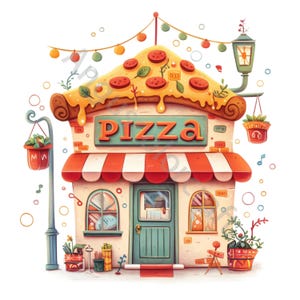 Whimsical Pizza Shop Watercolor Clip Art, Junk Journal, Card Making (10 JPG Digital Download) image 4