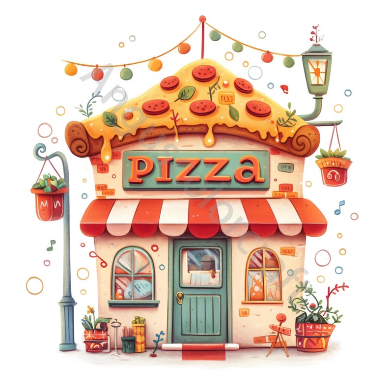 Whimsical Pizza Shop Watercolor Clip Art, Junk Journal, Card Making (10 JPG Digital Download) image 4