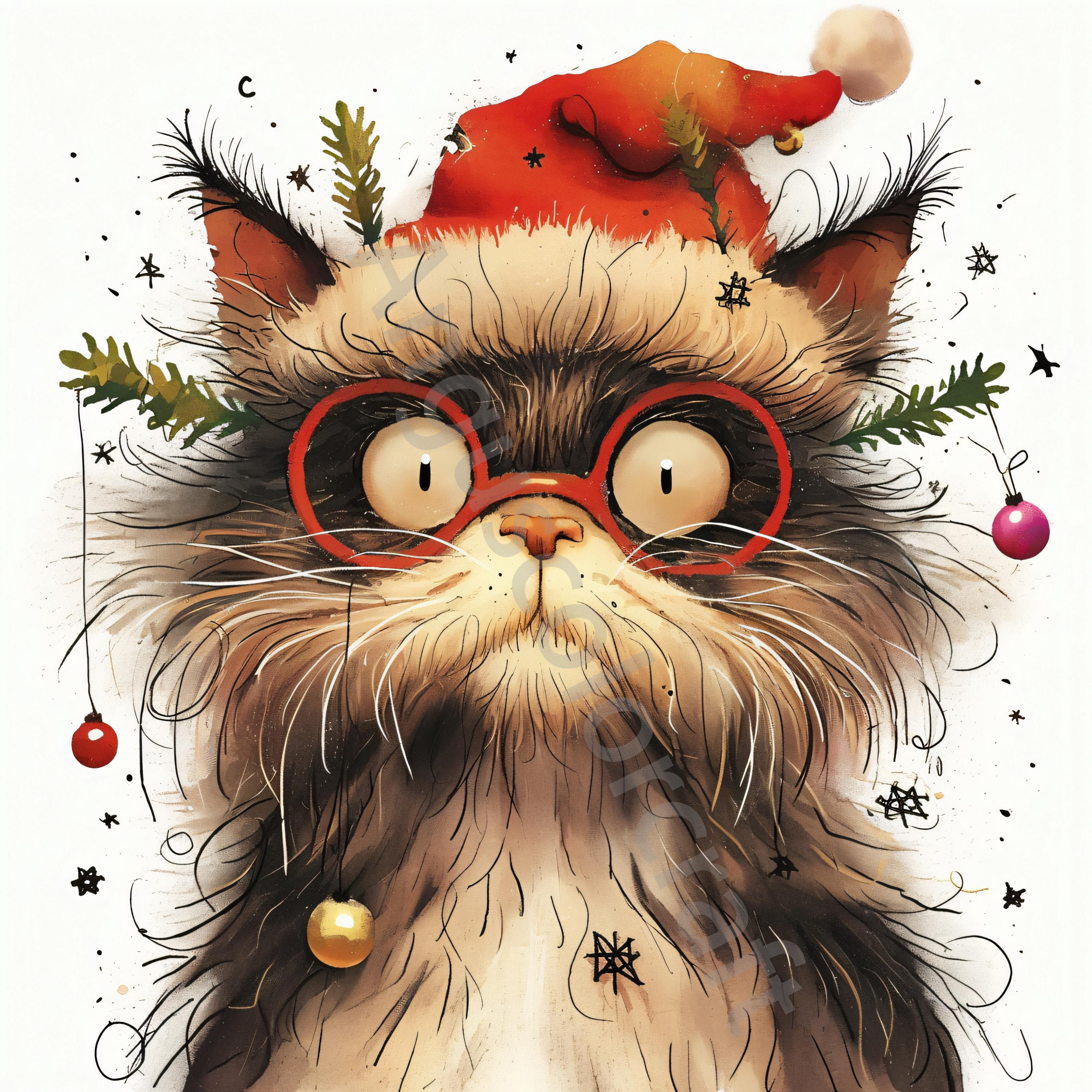 水彩サンタ猫のクリップアート：気まぐれなクリスマス JPG 素材（JPG