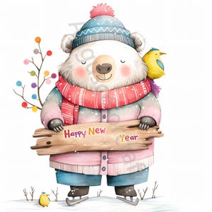 12 Feliz Ano Novo Clip Art, Aquarela Urso Clipart JPG, Junk Journaling, Scrapbook, Criação de Cartões, Download Digital, Fantasia, Urso Caprichoso