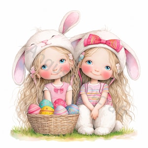 Clipart fille de Pâques, JPG aquarelle, journalisation indésirable, scrapbooking, fabrication de cartes, téléchargement numérique, fantastique, lapin de Pâques fantaisiste