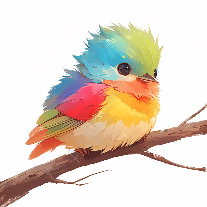 May include: A small, colorful bird with blue, green, yellow, red, and orange feathers sits on a branch. The bird has a round body and a small beak.