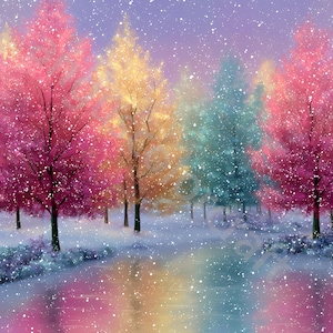 May include: A colorful landscape painting depicts a snowy scene with trees in shades of pink, yellow, and teal. The ground and a reflective body of water below mirror the colors of the trees, creating a vibrant and dreamy atmosphere.