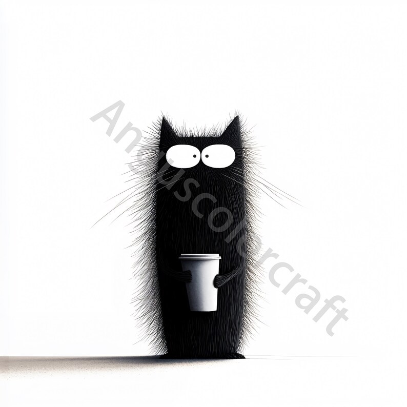 Op de afbeelding: Een zwarte kat met grote witte ogen houdt een witte koffiebeker voor onderweg vast. De kat heeft een pluche, ruwe vacht en staat op een witte achtergrond.