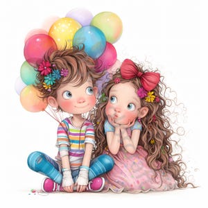 15 eigenzinnige kinderen met ballonnen Clip Art, aquarel jeugdvriend JPG, Junk Journaling, scrapbook, kaarten maken, digitale download, grillig