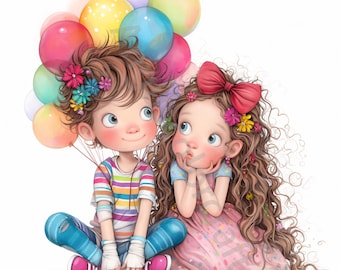 May include: Two children, a boy and a girl, are sitting together. The boy is wearing a striped shirt and blue jeans. The girl is wearing a pink dress. They are both looking up at a bunch of colourful balloons.