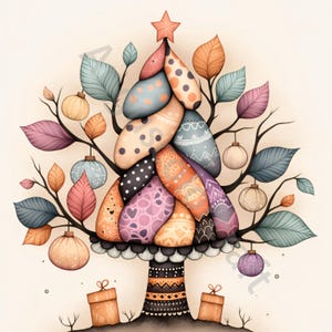 Calico kerstboom illustraties 14 high-res aquarel clipart jpg's voor ongewenste journaling, scrapbooking, kaarten maken, digitale downloadkit