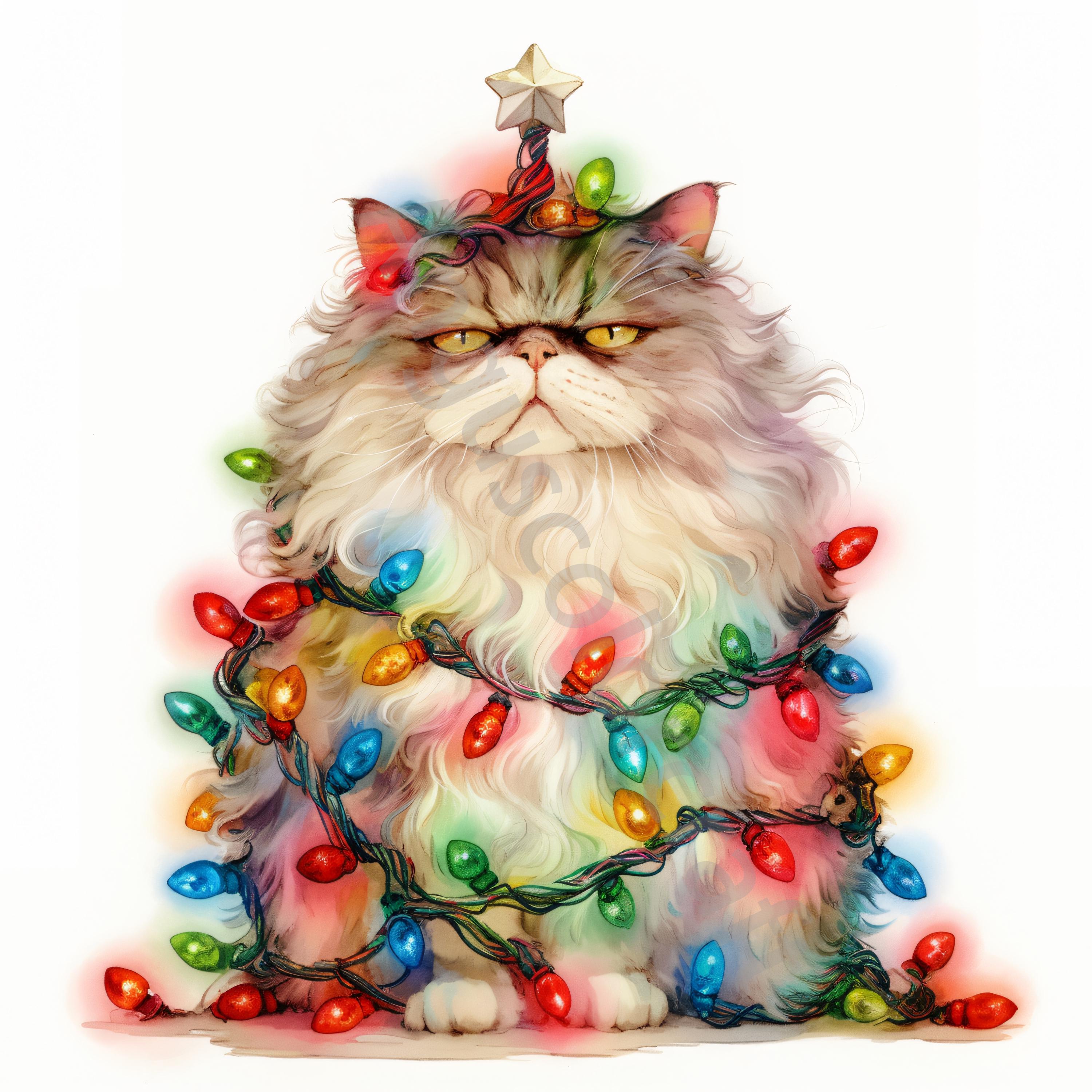 10 JPG 風変わりな猫のクリスマスツリー クリップ アート、水彩画