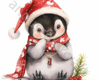 10 Quirky Christmas Penguin Clip Art, Watercolor Clipart JPG, Junk Journaling, Scrapbook, Card Making, Digital Download, Fantasy, Whimsical