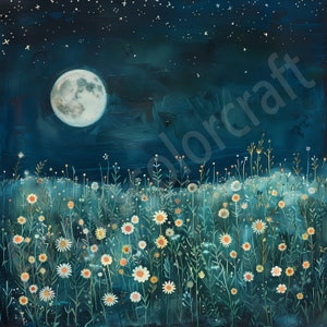 12 cliparts aquarelle paysage lunaire, champ d'herbe, fleurs sauvages nocturnes, nuit étoilée, fabrication de cartes, scrapbooking