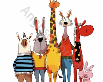 May include: A group of five cartoon animals standing together. The animals are a pig, a rabbit, a giraffe, a horse, and a llama. The animals are all wearing clothes and have different expressions on their faces.