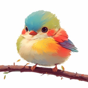 May include: A colorful, fluffy bird with blue, green, yellow, and red feathers perched on a brown branch. The bird has a small, round body and a cute, round face.