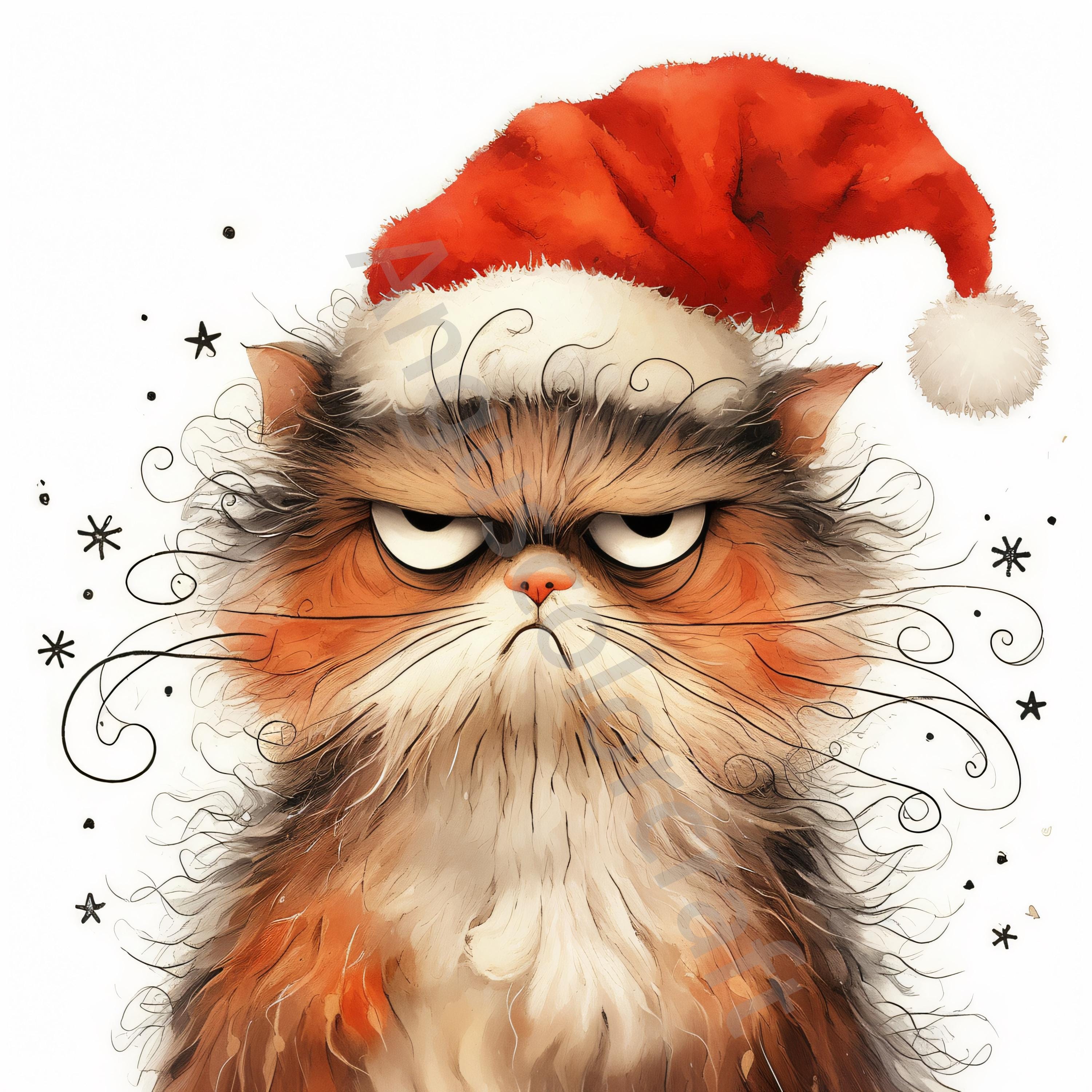 水彩サンタ猫のクリップアート：気まぐれなクリスマス JPG 素材（JPG
