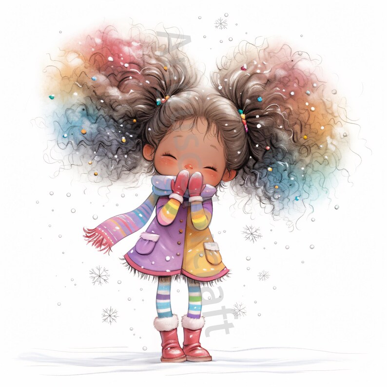 Pode incluir: Uma menina jovem com cabelo comprido, encaracolado e arco-&iacute;ris est&aacute; vestindo uma jaqueta roxa e amarela, um cachecol colorido e luvas vermelhas. Ela est&aacute; de p&eacute; na neve e sorrindo.