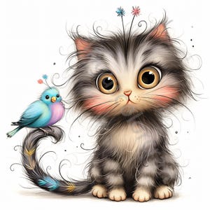 10 Clip Art di gatti e uccelli, Clipart di amicizia ad acquerello JPG, Junk Journaling, Scrapbook, Creazione di biglietti, Download digitale, Fantasy, Stravagante