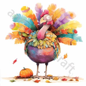 Pode incluir: Ilustração em aquarela de um peru com penas multicoloridas. O peru tem pescoço rosa e barbela vermelha. Uma pequena abóbora laranja e folhas de outono a seus pés. Estilo fantasioso e colorido.