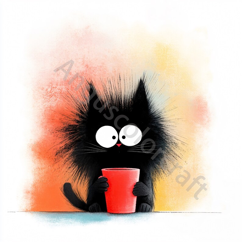 Op de afbeelding: Een zwarte kat met een pluche, stekelige vacht houdt een rode mok vast in zijn poten. De kat heeft grote, ronde ogen en een verraste uitdrukking. De achtergrond is een zachte aquarelwas in oranje, geel en roze.