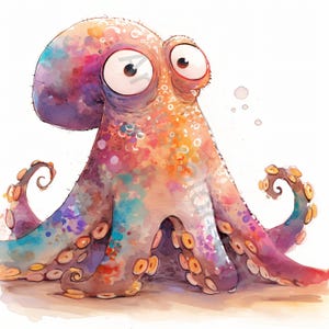 10 JPG Quirky Octopus Clip Art, Watercolor Clipart, Junk Journal, Scrapbook, Card Making, Digital Download, Fantasy, Whimsical Marine life