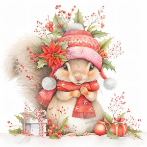 Cute Christmas Squirrel Clip Art 10 Aquarela JPG, Junk Journaling, Scrapbooking, Criação de Cartões, Kit de Download Digital, Esquilo de Natal