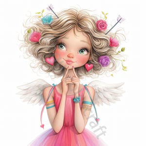 10 Clip Art Angelo di San Valentino, Clipart Acquerello JPG, Diario spazzatura, Album di ritagli, Creazione di biglietti, Download digitale Angelo fantasy stravagante