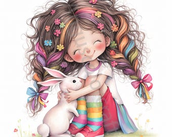 May include: A girl with long, curly brown hair with rainbow streaks and flowers in her hair is hugging a white rabbit. She is wearing a white shirt, red shorts, and rainbow striped socks.
