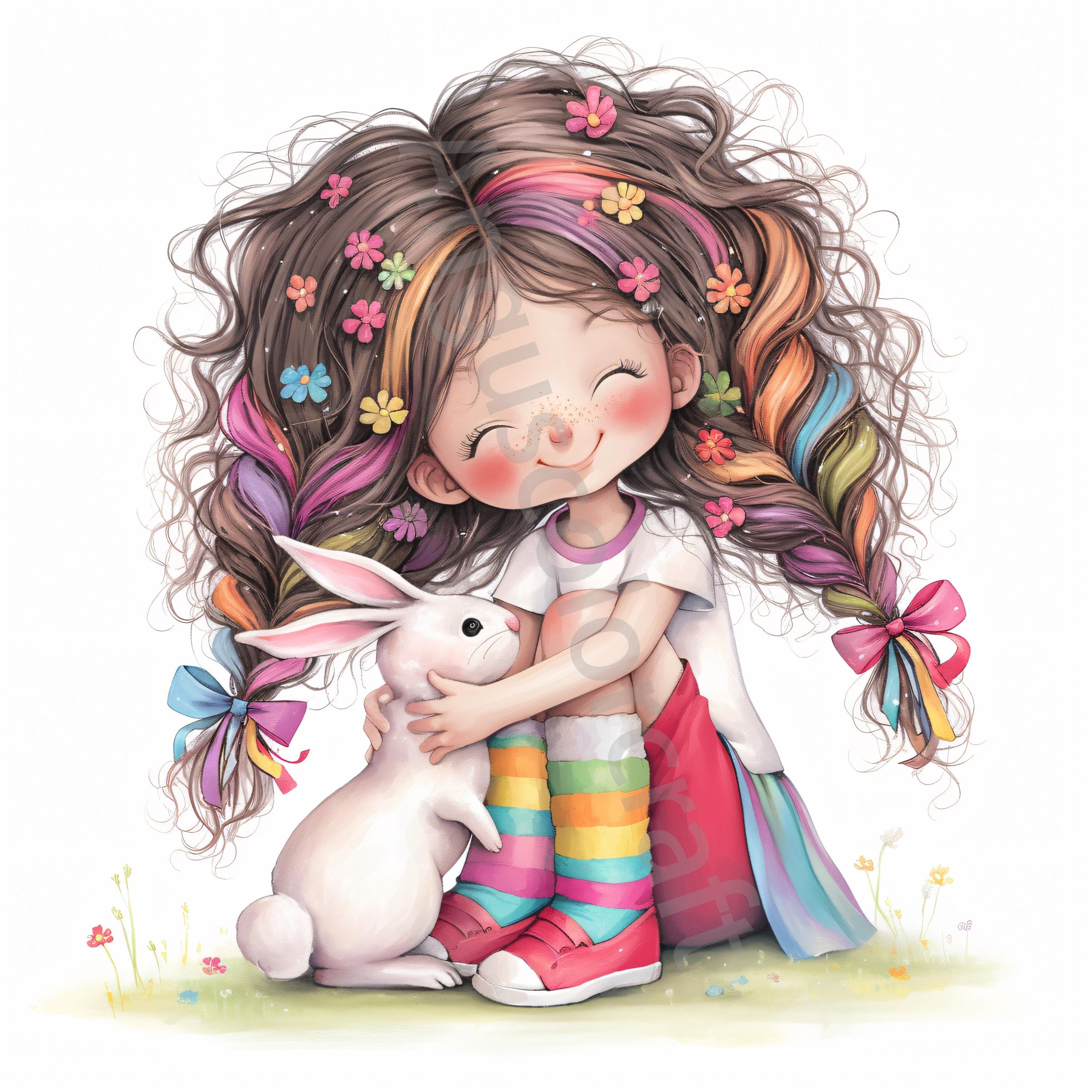 10 Quirky Girl With Bunny Clip Art, Commercial Use, Whimsical Ephemera ...