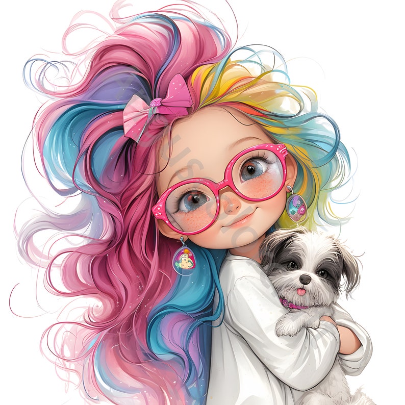 May include: A young girl with long, colorful hair, wearing pink glasses and a pink bow, is holding a small white dog with brown eyes. The girl is wearing a white shirt and the dog has a pink collar.