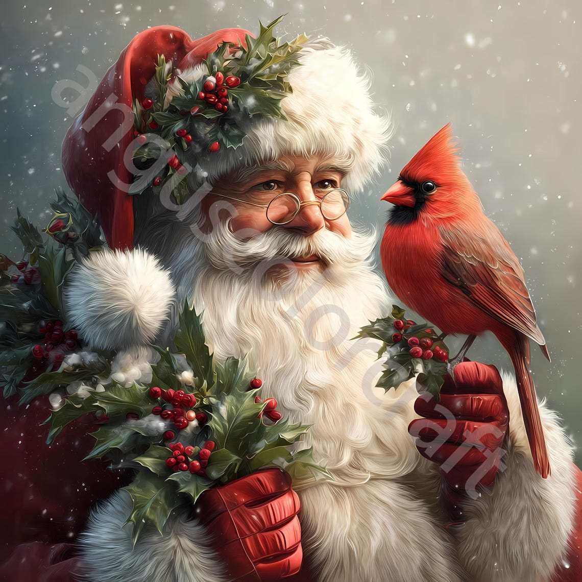 Vintage Santa With Cardinal Clip Art, Watercolor Clipart 10 JPG, Junk ...