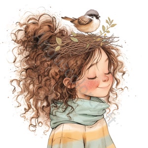 May include: A girl with long, curly brown hair has a bird's nest on her head with a small brown bird perched on the edge. She is wearing a light blue scarf and a yellow and brown striped sweater.