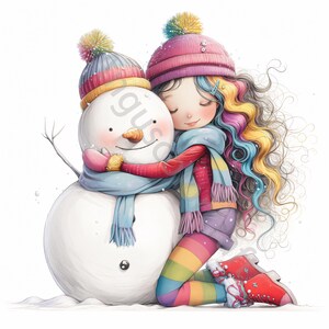 10 imágenes prediseñadas de una chica de invierno con un muñeco de nieve, acuarela JPG, diario basura, álbum de recortes, creación de tarjetas, descarga digital, fantasía, caprichoso