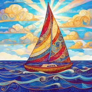 May include: A colorful sailboat with a patterned sail, sailing on blue water. The sail features red, yellow, and blue stripes with decorative swirls. The sky is filled with fluffy clouds and bright sunlight.