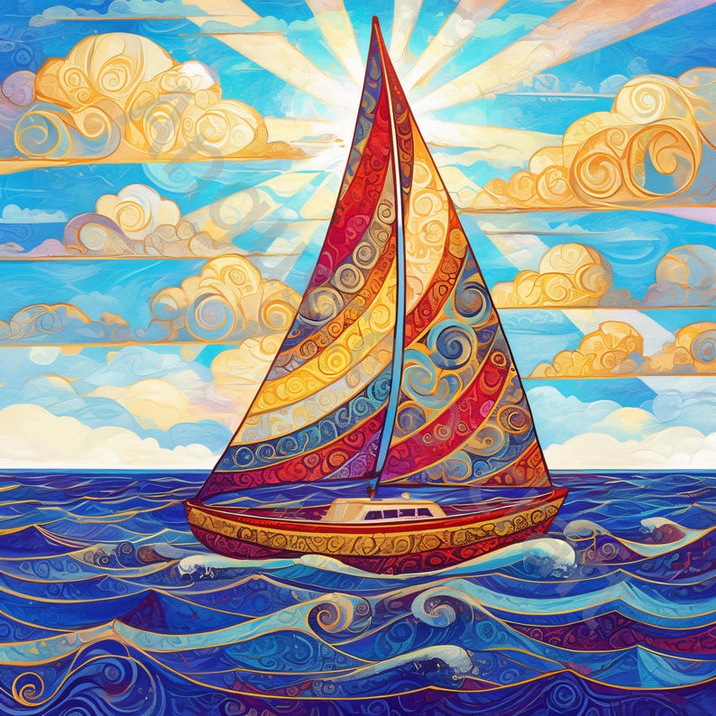 May include: A colorful sailboat with a patterned sail, sailing on blue water. The sail features red, yellow, and blue stripes with decorative swirls. The sky is filled with fluffy clouds and bright sunlight.
