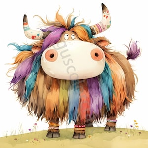 May include: A cartoon illustration of a furry, white yak with rainbow colored hair and a colorful headband. The yak is wearing bracelets on its legs and is standing on a green grassy field with flowers.