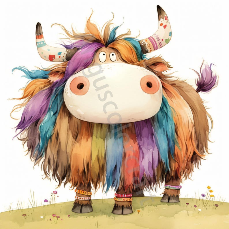 May include: A cartoon illustration of a furry, white yak with rainbow colored hair and a colorful headband. The yak is wearing bracelets on its legs and is standing on a green grassy field with flowers.