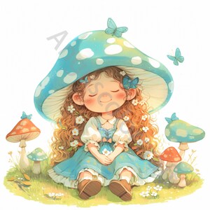 May include: A young girl with long brown hair wears a blue and white mushroom hat and a blue dress. She is sitting on a bed of green grass with white flowers and surrounded by mushrooms with red and white spots.