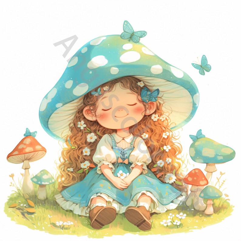 May include: A young girl with long brown hair wears a blue and white mushroom hat and a blue dress. She is sitting on a bed of green grass with white flowers and surrounded by mushrooms with red and white spots.