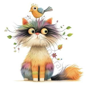 Chat énervé avec oiseau Clip Art 12 JPG aquarelles haute résolution, journal indésirable, scrapbooking, fabrication de cartes, kit de téléchargement numérique, clipart chat original
