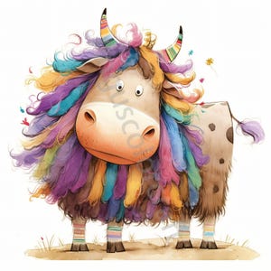 May include: A cartoon illustration of a brown bull with a colorful, rainbow-colored mane and tail. The bull is wearing striped socks and has a playful expression on its face.