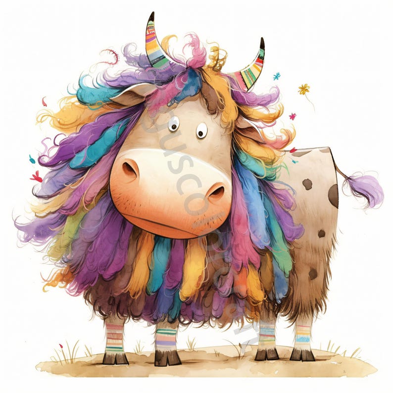May include: A cartoon illustration of a brown bull with a colorful, rainbow-colored mane and tail. The bull is wearing striped socks and has a playful expression on its face.