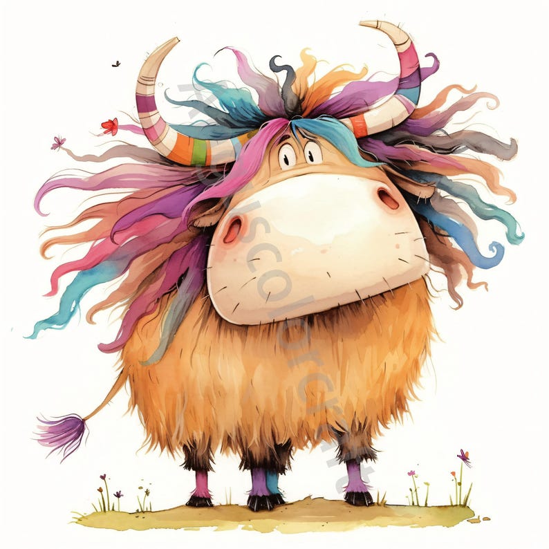 May include: A cartoon illustration of a brown furry yak with a rainbow colored mane and horns. The yak has a white face with large brown eyes and a pink nose. The yak is standing on a green grassy field with small purple flowers.