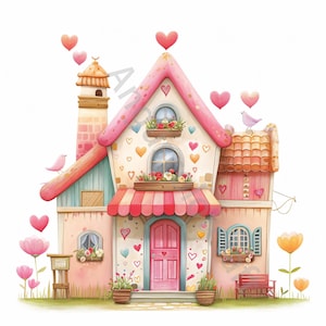 11 Valentine Cottage Clip Art, Watercolor Clipart JPG, Junk Journaling, Scrapbook, Card Making, Digital Download, Fantasy, Whimsical House