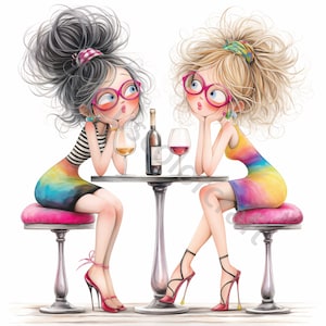 12 amis originaux avec du vin, clipart aquarelle JPG, journal indésirable, scrapbooking, fabrication de cartes, téléchargement numérique, fantastique, fantaisiste